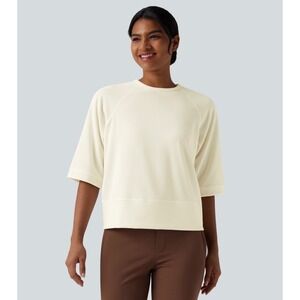 Halara Ribbed Round Neck 3/4 Sleeve Casual Sweatshirt Cream Off-White‎ Medium
